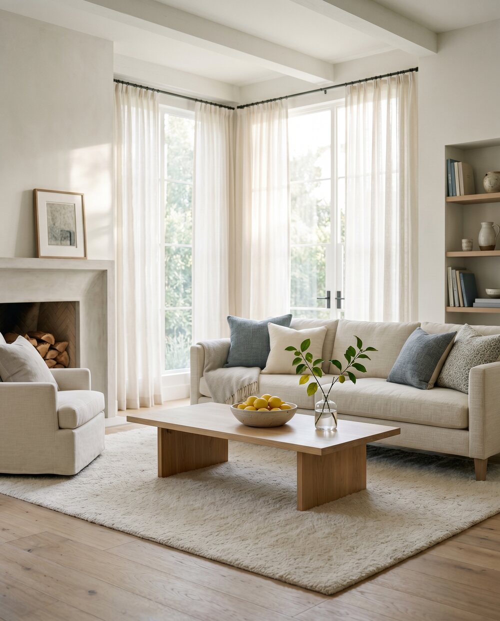 Bright, sunlit living room freshly cleaned by Comfort Plus Cleaning